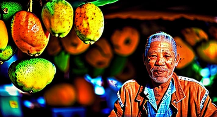 portrait+ style (((Morgan freeman))) buying ( mangoes) in a market, daylight, trees in background, 16mm wide lens photo, Nikon d camera