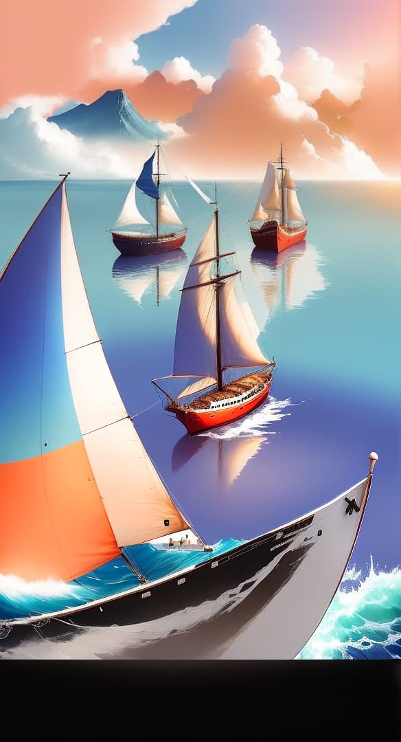  an abstract painting of, a sailboat compilation between four floating sailboats, a wave of a blue sea water, with a beautiful landscape, very colorfully presented, a face of an African woman., hyperrealistic, high quality, highly detailed, perfect lighting, intricate, sharp focus, f/1. 8, 85mm, (centered image composition), (professionally color graded), ((bright soft diffused light)), trending on instagram, HDR 4K, 8K