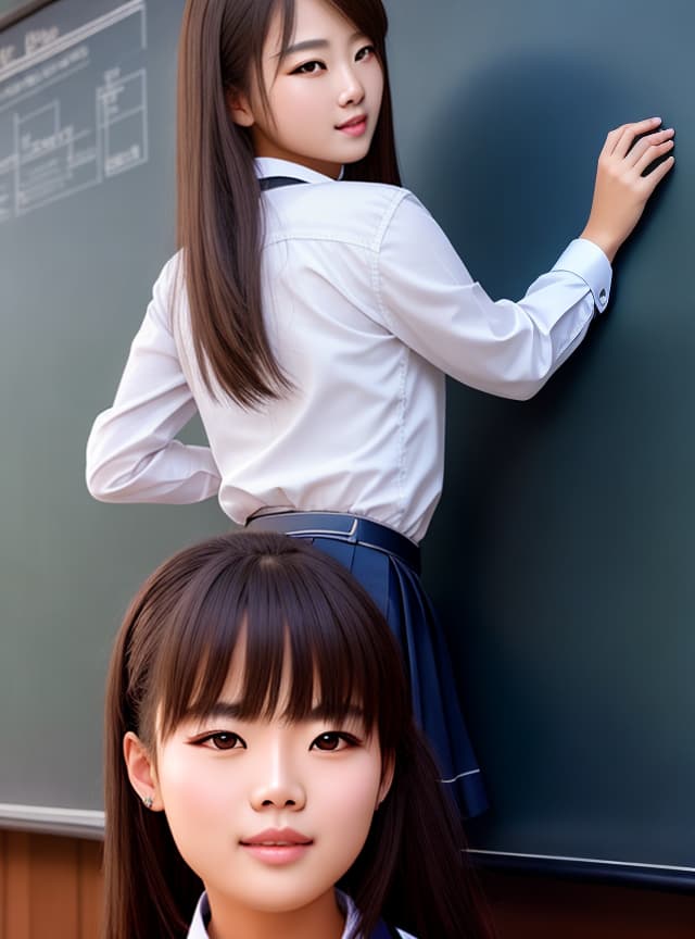  (school girls), best quality, high resolution, highly detailed, detailed background, perfect lighting, lens flare, fantasy, nature, (classroom:1.2), detailed face, perfect face, detailed face, beautiful eyes, pretty face, (bright skin:1.3), real face, real person, real body, real photo , big, big