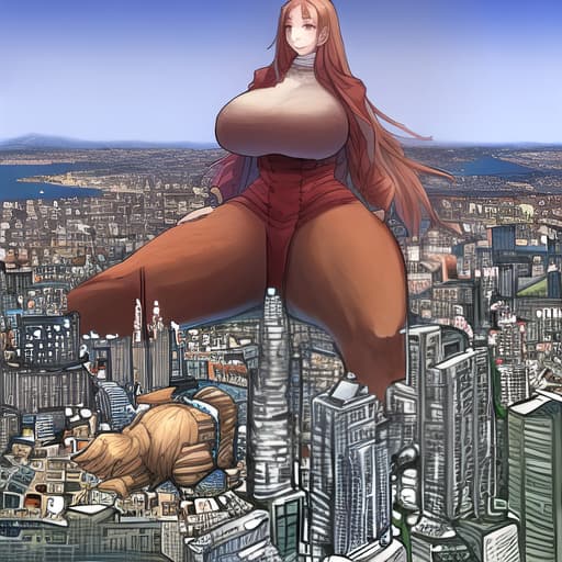  giantess with huge and, towering over a city