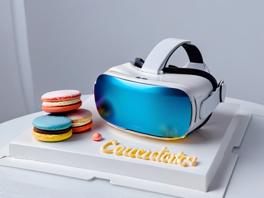  An ultradetailed image of a sleek and modern virtual reality headset sitting on a marble countertop, surrounded by virtual confectionery creations like colorful macarons, intricate cakes, and decadent pastries. The headset reflects a vibrant digital display of global dessert trends, showcasing innovative designs and flavors in a minimalistic and futuristic setting. hyperrealistic, full body, detailed clothing, highly detailed, cinematic lighting, stunningly beautiful, intricate, sharp focus, f/1. 8, 85mm, (centered image composition), (professionally color graded), ((bright soft diffused light)), volumetric fog, trending on instagram, trending on tumblr, HDR 4K, 8K