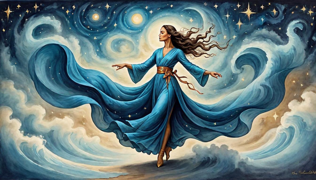  on parchment, surrealism+++, A dancer in flowing robes, moving gracefully through a starry void, each motion creating waves of energy, harmonious, powerful(mysterious, provocative, symbolic,muted color)+++