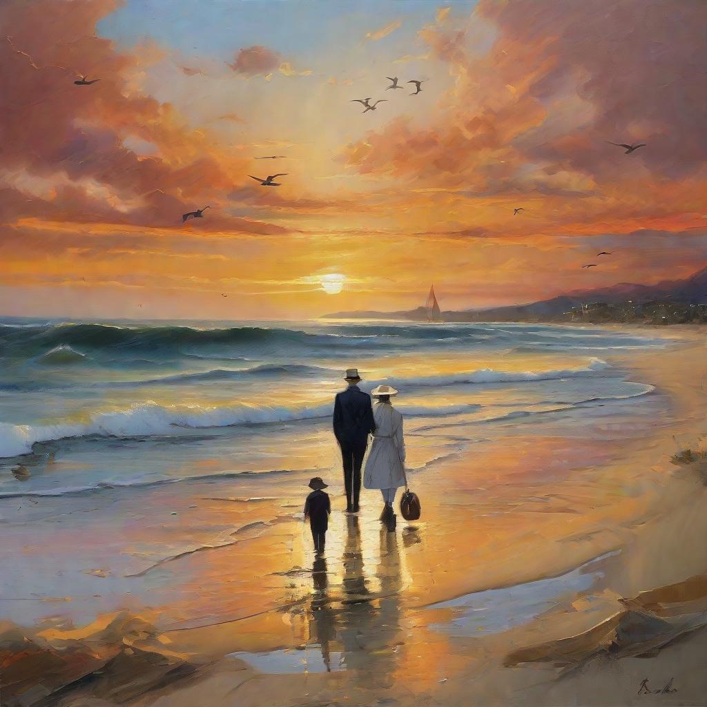  masterpiece, best quality, design a beauty, walk on the beach at sunset