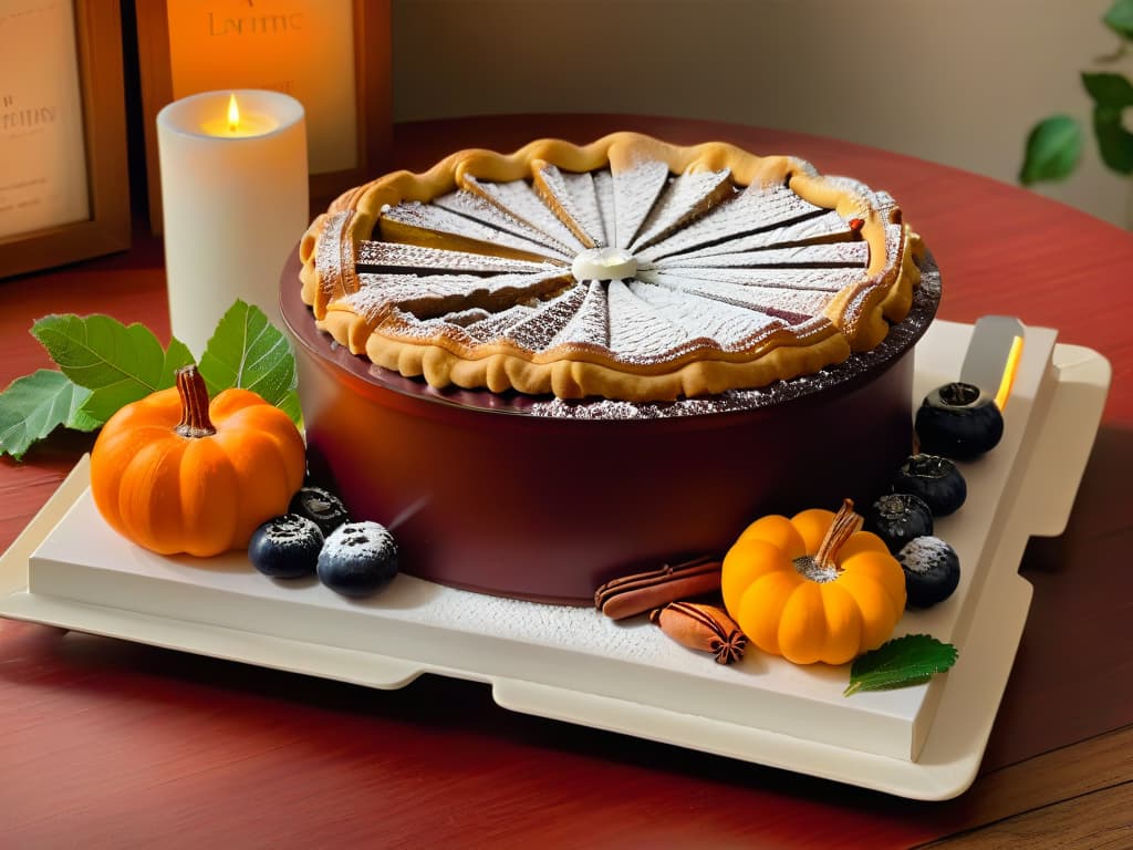  A photorealistic image of a beautifully set Thanksgiving dessert table, featuring iconic Thanksgiving desserts like pumpkin pie, pecan pie, apple pie, and cranberry tart. The table is elegantly decorated with autumnthemed centerpieces, golden candle holders, and fine china. The desserts are artfully arranged on rustic wooden platters, garnished with fresh berries, mint leaves, and a dusting of powdered sugar. The warm glow of candlelight and the rich colors of the desserts create a cozy and inviting atmosphere, perfect for a festive Thanksgiving celebration. hyperrealistic, full body, detailed clothing, highly detailed, cinematic lighting, stunningly beautiful, intricate, sharp focus, f/1. 8, 85mm, (centered image composition), (professionally color graded), ((bright soft diffused light)), volumetric fog, trending on instagram, trending on tumblr, HDR 4K, 8K