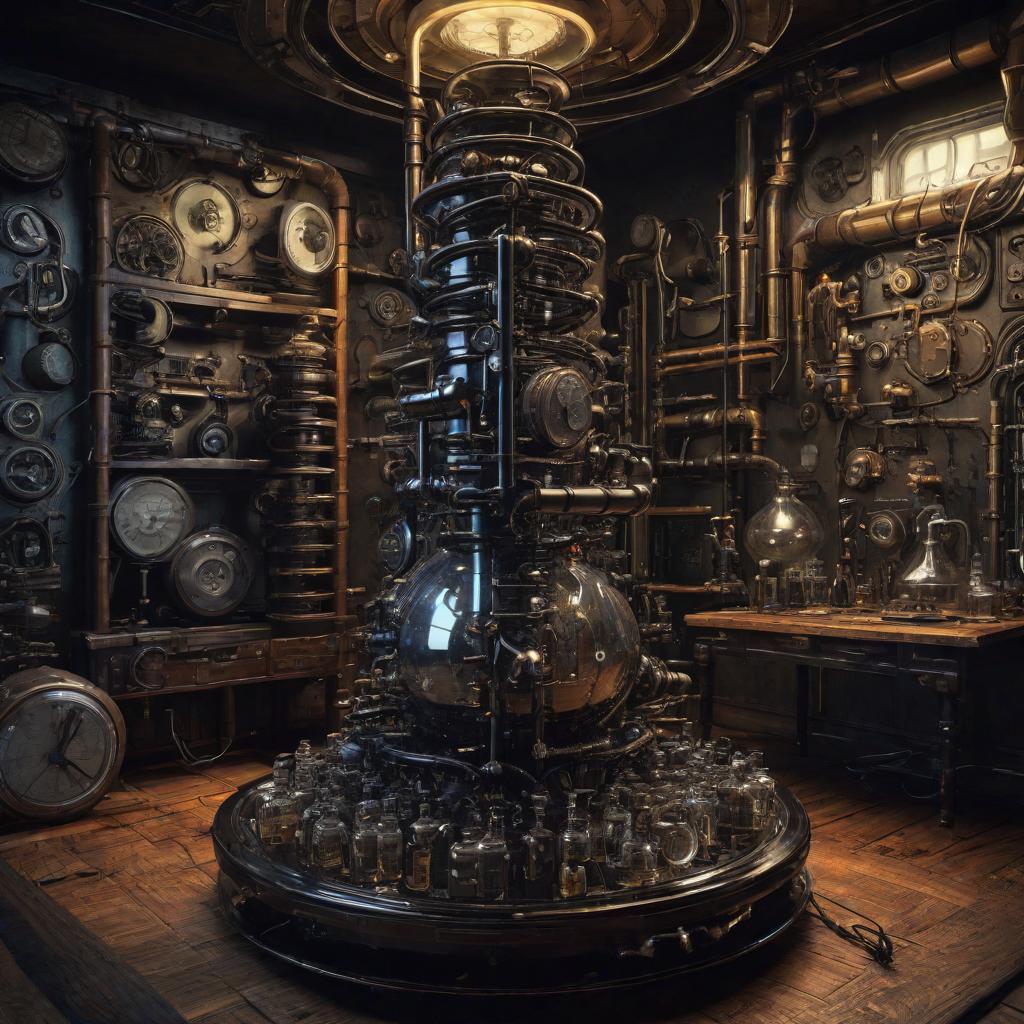  vivid illustrations, ferrofluid textures, room interior, hyperreality, time machine , pipes, flasks, greg hand, nabis, contrasting textures, -ar 3:2, cute, hyper detail, full HD hyperrealistic, full body, detailed clothing, highly detailed, cinematic lighting, stunningly beautiful, intricate, sharp focus, f/1. 8, 85mm, (centered image composition), (professionally color graded), ((bright soft diffused light)), volumetric fog, trending on instagram, trending on tumblr, HDR 4K, 8K