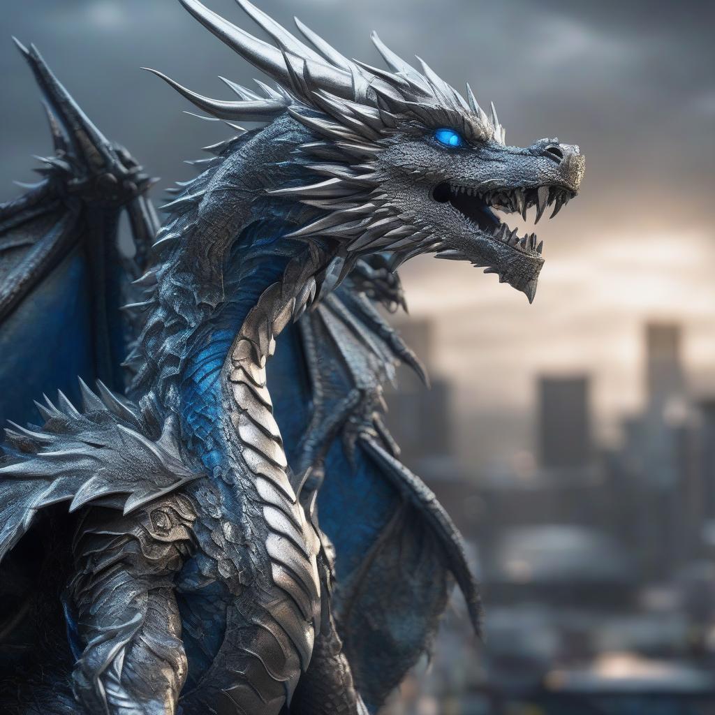  A silver dragon with blue eyes and spikes on its head. hyperrealistic, full body, detailed clothing, highly detailed, cinematic lighting, stunningly beautiful, intricate, sharp focus, f/1. 8, 85mm, (centered image composition), (professionally color graded), ((bright soft diffused light)), volumetric fog, trending on instagram, trending on tumblr, HDR 4K, 8K