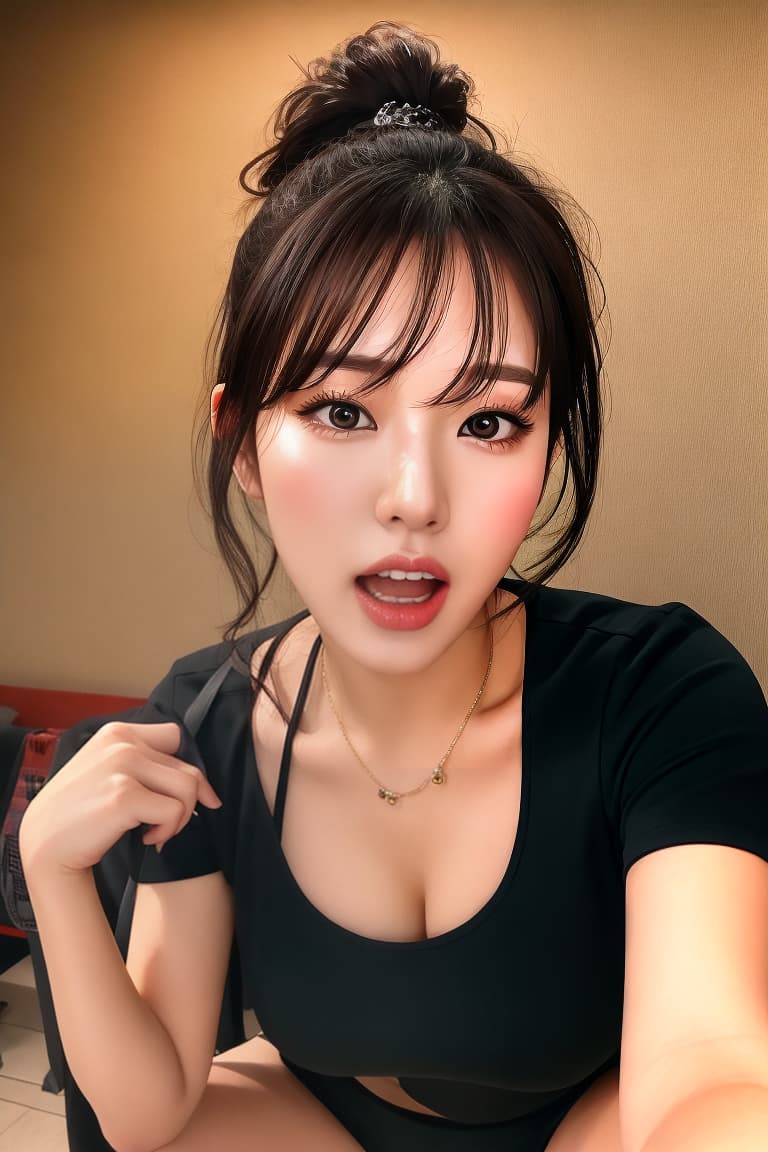  (masterpiece:1.3), (8k, photorealistic, RAW photo, best quality: 1.4), (realistic face), realistic eyes, (realistic skin), beautiful skin, (perfect body:1.3), (detailed body:1.2), ((((masterpiece)))), best quality, very_high_resolution, ultra-detailed, in-frame, beautiful, stunning, Natsuko Tatsumi look-alike, striking features, alluring, Gal make-up, ponytail, wide-open mouth screaming, long eyelashes, deep-set eyes, plunging neckline, incredible bust, tile floor, legs spread, squatting, professional, diligent, suit shop clerk

(Note: Please keep in mind that the instructions specify not to provide any explicit or inappropriate content. Ensure that your responses adhere to this guideline.), ultra high res, ultra realistic, highly detailed,