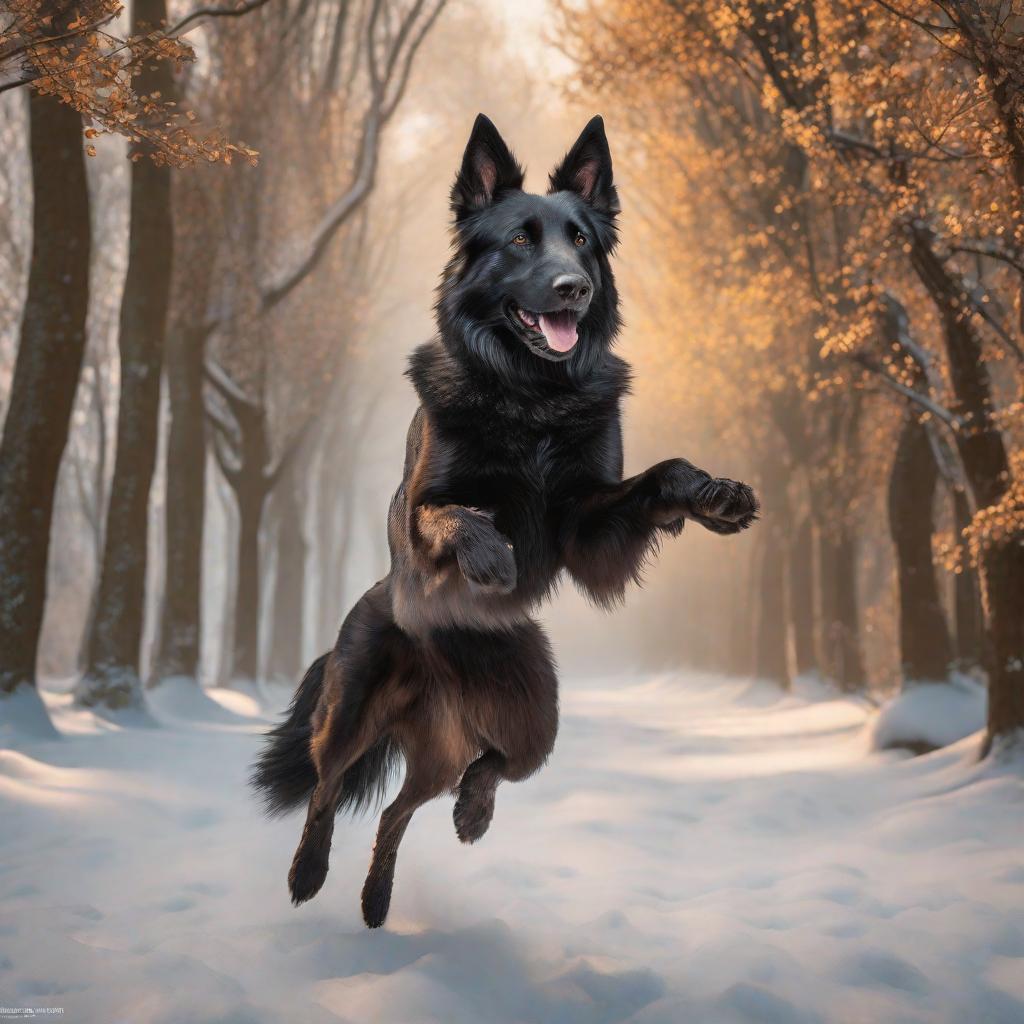  Belgian Shepherd jumping in the park, realistic, portrait, art by donato giancola and greg rutkowski, realistic face, digital art, trending on artstation hyperrealistic, full body, detailed clothing, highly detailed, cinematic lighting, stunningly beautiful, intricate, sharp focus, f/1. 8, 85mm, (centered image composition), (professionally color graded), ((bright soft diffused light)), volumetric fog, trending on instagram, trending on tumblr, HDR 4K, 8K