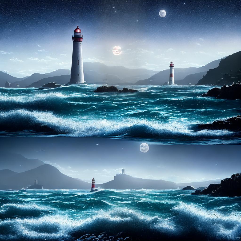  A ((masterpiece)) of the sea, sky, and moon, with ((best quality)) and (((8k))), capturing every ((high detailed)) and ((ultra-detailed)) element. The main subject of the scene is a serene beach at nighttime. The main elements of the scene include shimmering waves crashing gently on the shore, a ((glowing full moon)) illuminating the dark sky, a lone ((sailboat)) peacefully sailing on the calm sea, a scattering of twinkling ((stars)) overhead, and a distant ((lighthouse)) casting its beam of light across the water. hyperrealistic, full body, detailed clothing, highly detailed, cinematic lighting, stunningly beautiful, intricate, sharp focus, f/1. 8, 85mm, (centered image composition), (professionally color graded), ((bright soft diffused light)), volumetric fog, trending on instagram, trending on tumblr, HDR 4K, 8K