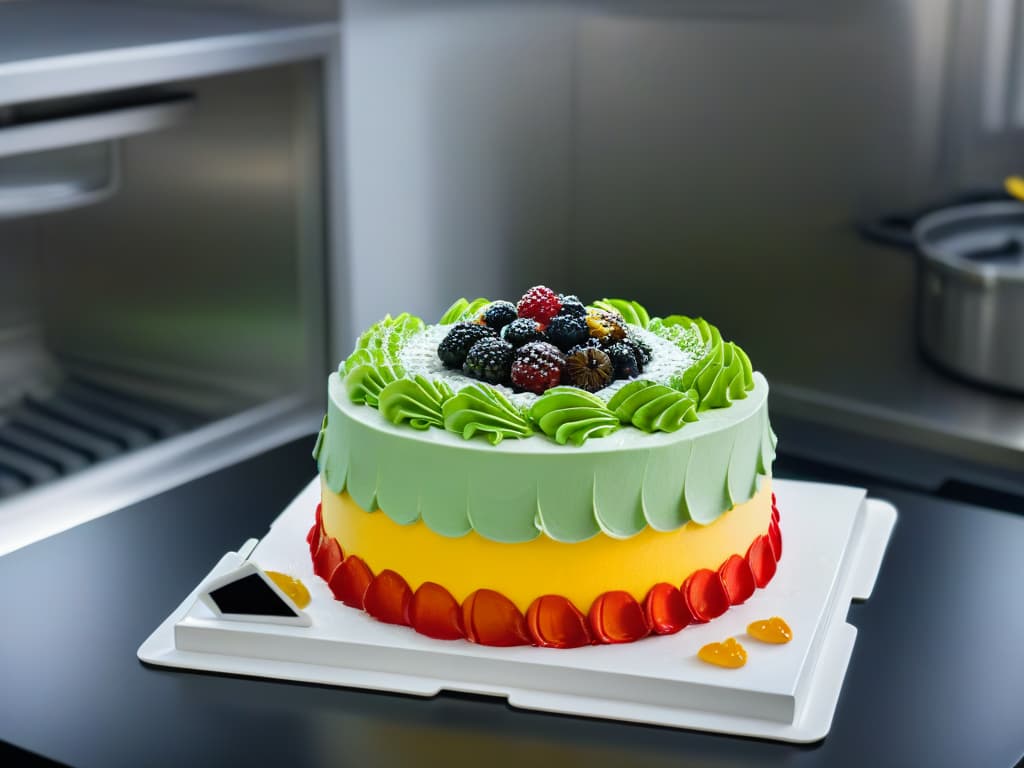  A minimalist and sleek image of a futuristic digital baking software interface displayed on a highresolution touchscreen, showcasing intricate cake design options with vibrant colors and precise detailing. The screen is surrounded by a clean, modern kitchen setting with polished countertops and a hint of baking tools in the background, emphasizing the seamless integration of technology into the art of pastry making in the digital era. hyperrealistic, full body, detailed clothing, highly detailed, cinematic lighting, stunningly beautiful, intricate, sharp focus, f/1. 8, 85mm, (centered image composition), (professionally color graded), ((bright soft diffused light)), volumetric fog, trending on instagram, trending on tumblr, HDR 4K, 8K