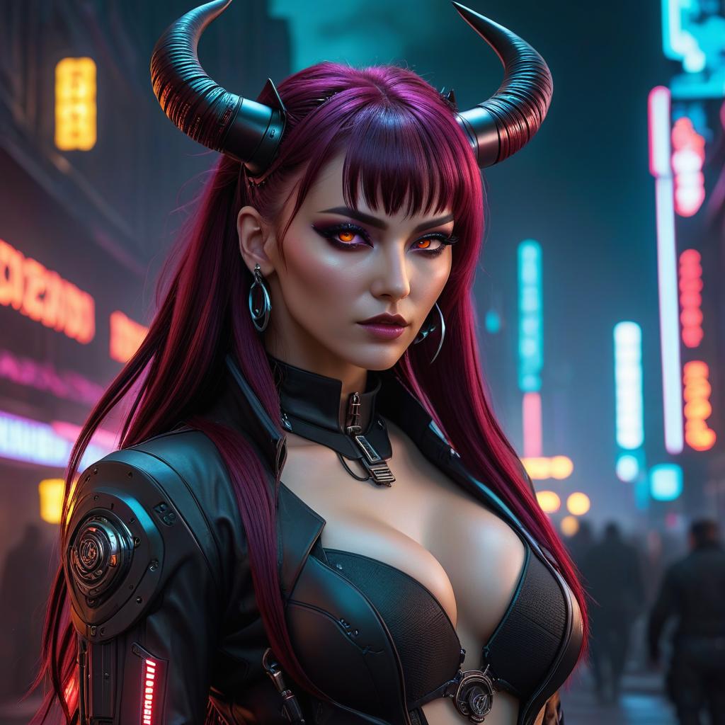  cyberpunk game style A European girl, a demon with black horns, a peaceful face, long burgundy hair, an interesting makeup, and dark clothing against a backdrop of hell. . neon, dystopian, futuristic, digital, vibrant, detailed, high contrast, reminiscent of cyberpunk genre video games hyperrealistic, full body, detailed clothing, highly detailed, cinematic lighting, stunningly beautiful, intricate, sharp focus, f/1. 8, 85mm, (centered image composition), (professionally color graded), ((bright soft diffused light)), volumetric fog, trending on instagram, trending on tumblr, HDR 4K, 8K