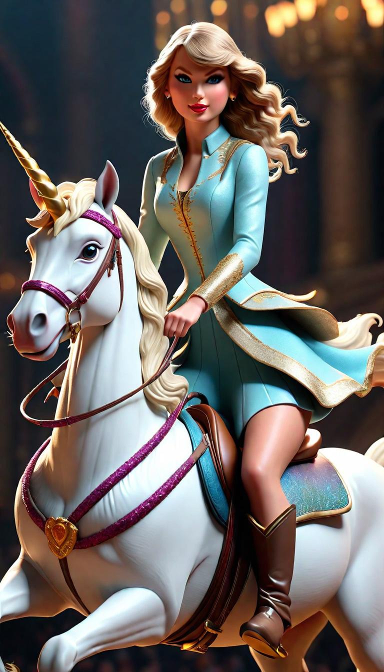  Professional 3D model of Taylor Swift Riding A Unicorn . Rendered with Octane, the model is highly detailed,dramatic lighting. hyperrealistic, full body, detailed clothing, highly detailed, cinematic lighting, stunningly beautiful, intricate, sharp focus, f/1. 8, 85mm, (centered image composition), (professionally color graded), ((bright soft diffused light)), volumetric fog, trending on instagram, trending on tumblr, HDR 4K, 8K