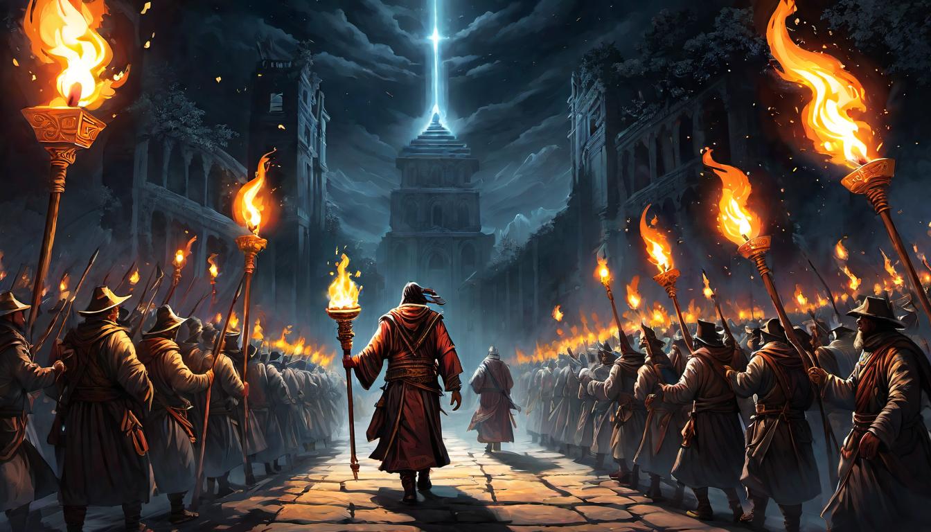  digital illustration, A torchbearer leading a group through darkness, their path lit brightly, embodying faith and spirit strength, resilience in unity, guidance, shared purpose, looking at viewer, dynamic pose, (intricate details, masterpiece, best quality)