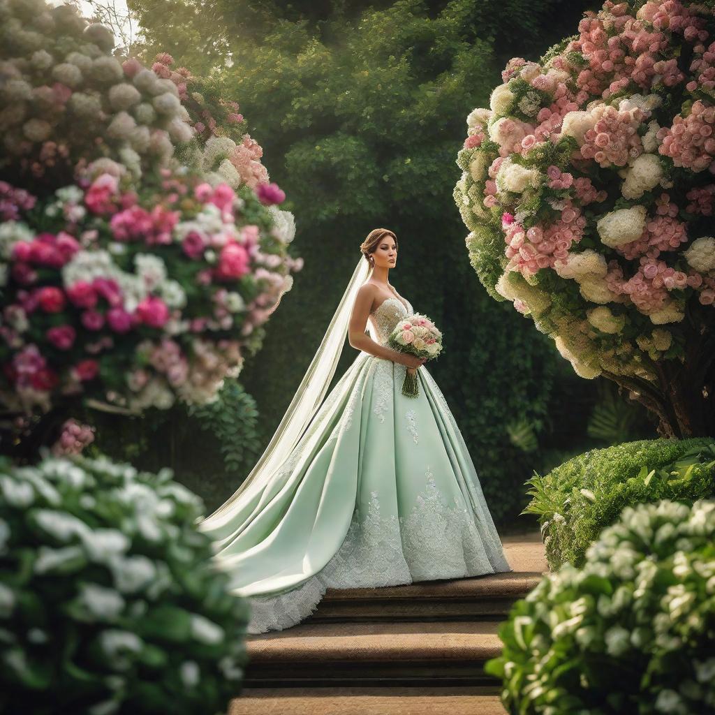  um casamento em um jardim com as cores verde e branco como tema hyperrealistic, full body, detailed clothing, highly detailed, cinematic lighting, stunningly beautiful, intricate, sharp focus, f/1. 8, 85mm, (centered image composition), (professionally color graded), ((bright soft diffused light)), volumetric fog, trending on instagram, trending on tumblr, HDR 4K, 8K