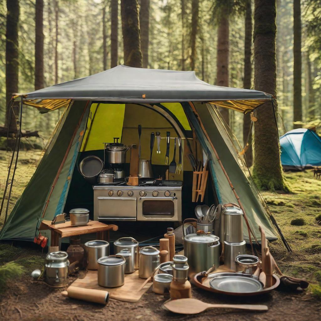  Masterpiece, best quality, a family camping scene in a green forest, with camping utensils and cutlery on the side A kitchen system