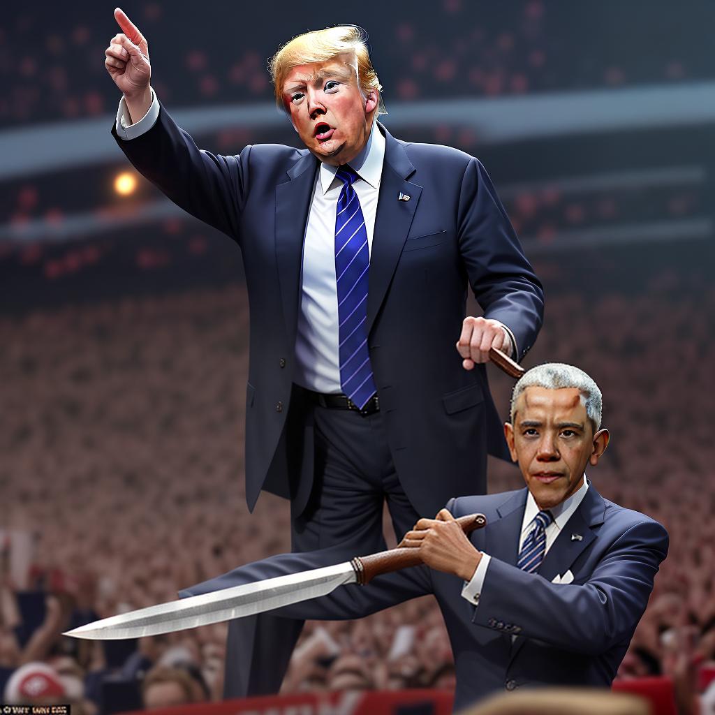  masterpiece, best quality, Donald Trump with a receding hair line. chasing Joe Biden Barack Obama with a knife at a the weekend concert.