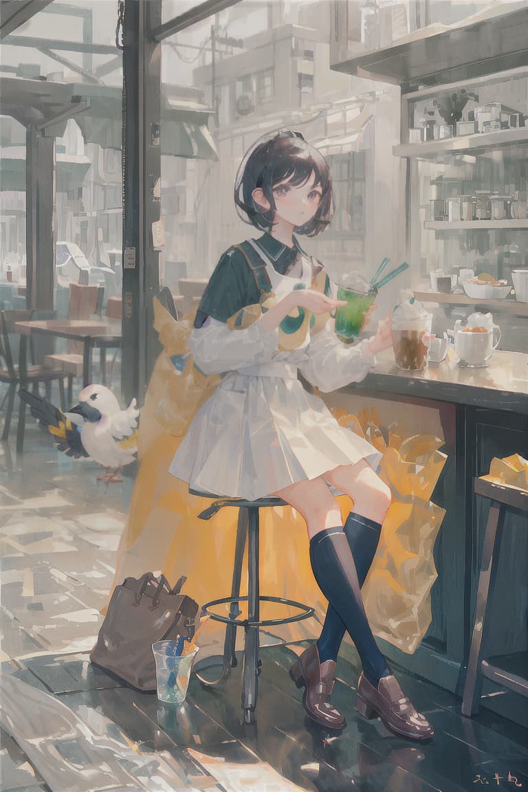  master piece , best quality,Black hair, bobbed hair, high school girl, white little bird, cafe, soda float