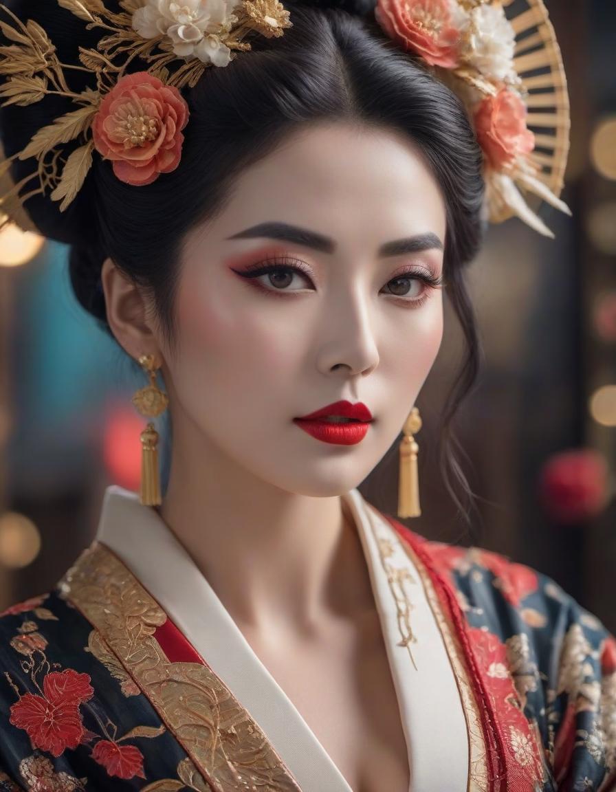  cinematic photo "Portrait of a Geisha, abstract surreal art nouveau, decoupage, mixed media, Gustav Klimt." . 35mm photograph, film, bokeh, professional, 4k, highly detailed hyperrealistic, full body, detailed clothing, highly detailed, cinematic lighting, stunningly beautiful, intricate, sharp focus, f/1. 8, 85mm, (centered image composition), (professionally color graded), ((bright soft diffused light)), volumetric fog, trending on instagram, trending on tumblr, HDR 4K, 8K