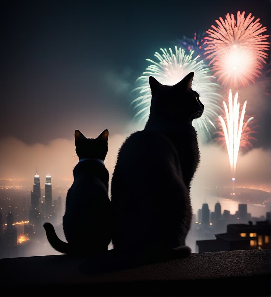  silouettes of two cute cats, seen from behind, watch  spectacular fireworks over a big city hyperrealistic, full body, detailed clothing, highly detailed, cinematic lighting, stunningly beautiful, intricate, sharp focus, f/1. 8, 85mm, (centered image composition), (professionally color graded), ((bright soft diffused light)), volumetric fog, trending on instagram, trending on tumblr, HDR 4K, 8K