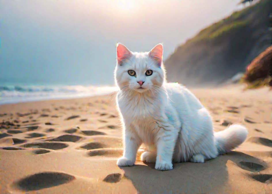  Generate Epic cat on the beach hyperrealistic, full body, detailed clothing, highly detailed, cinematic lighting, stunningly beautiful, intricate, sharp focus, f/1. 8, 85mm, (centered image composition), (professionally color graded), ((bright soft diffused light)), volumetric fog, trending on instagram, trending on tumblr, HDR 4K, 8K