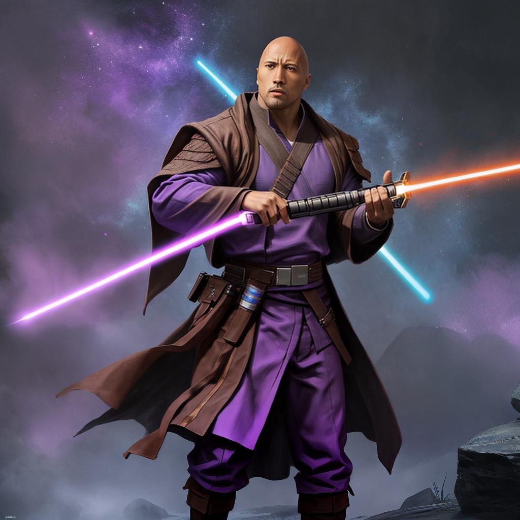  with psychedelic colors, dwayne johnson holding a purple lightsaber wearing brown jedi robes, concept art, ultra realistic