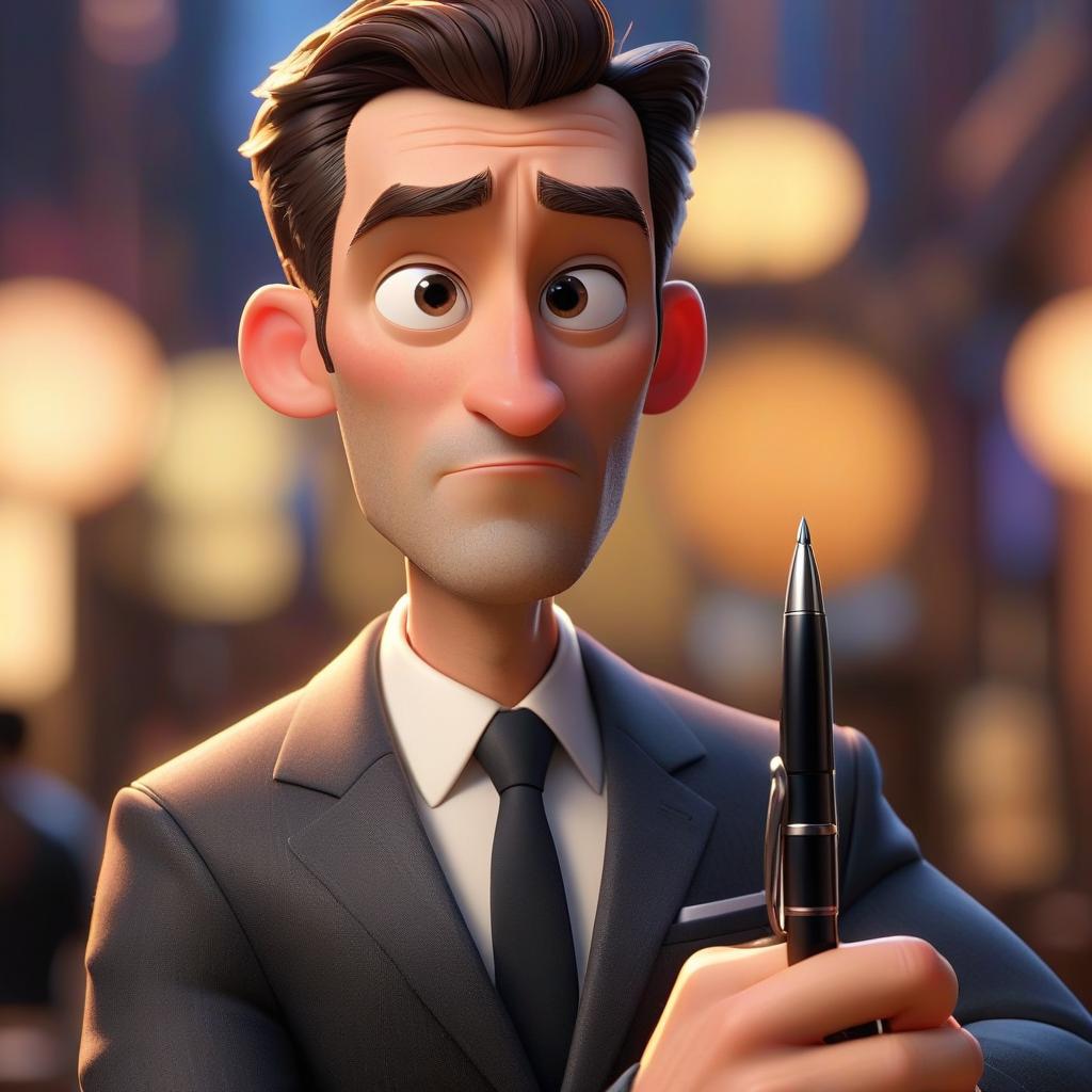  A man is holding a pen vertically. The pen is in the center of the image, with the pen being the main focus. The jacket is a high end office suit. The background is a gradient, with illumination. In a 3D style, Pixar. hyperrealistic, full body, detailed clothing, highly detailed, cinematic lighting, stunningly beautiful, intricate, sharp focus, f/1. 8, 85mm, (centered image composition), (professionally color graded), ((bright soft diffused light)), volumetric fog, trending on instagram, trending on tumblr, HDR 4K, 8K