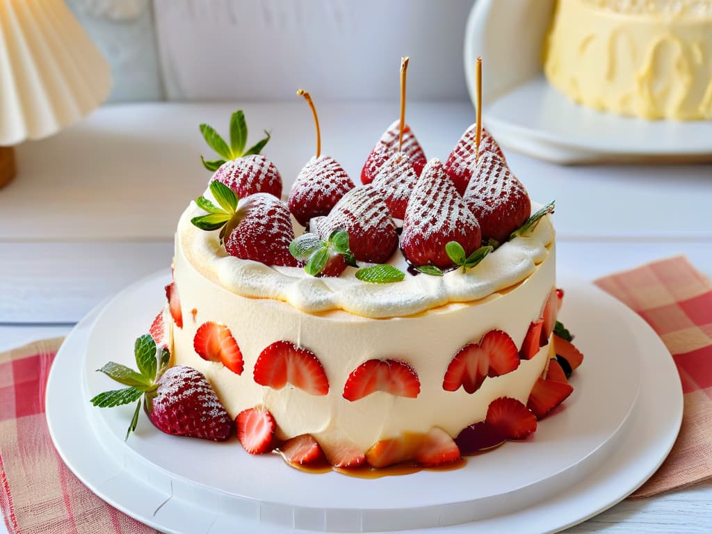  A closeup, ultradetailed image of a decadent tres leches cake topped with fresh strawberries, mint leaves, and a drizzle of caramel sauce. The cake is displayed on an elegant ceramic plate, set on a rustic wooden table with soft, diffused natural lighting enhancing the textures and colors of the dessert. The creamy layers of the cake glisten, and the vibrant red of the strawberries pops against the pastel tones of the cake and plate. This image evokes a sense of celebration and indulgence, perfectly complementing the theme of desserts in independence celebrations around the world. hyperrealistic, full body, detailed clothing, highly detailed, cinematic lighting, stunningly beautiful, intricate, sharp focus, f/1. 8, 85mm, (centered image composition), (professionally color graded), ((bright soft diffused light)), volumetric fog, trending on instagram, trending on tumblr, HDR 4K, 8K