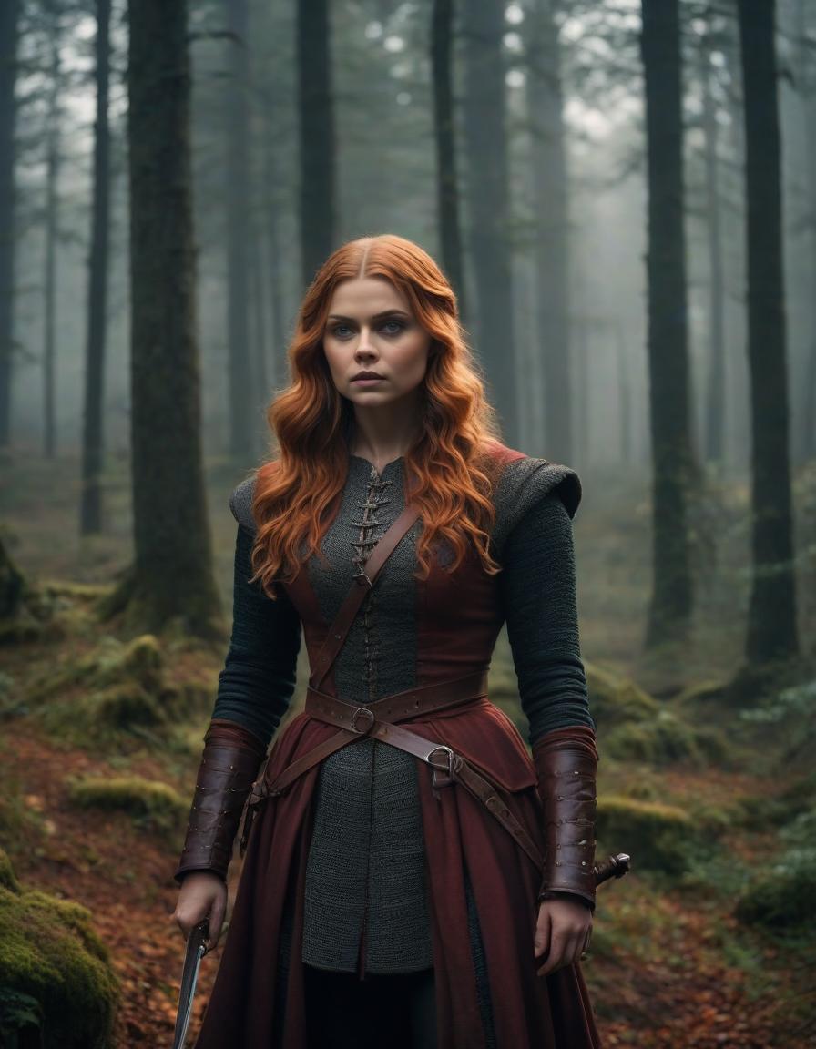  cinematic film still The era of medieval wars, a frame from a film, the most detailed image, cloudy and foggy autumn morning, rain, Chloe Grace Moretz with long light red hair, in a dark forest robber costume, holding a hunting knife in her right hand, with a combat dynamic expressive pose, prepared for battle, forest, maximum detail, especially carefully drawn faces, the maximum correspondence of historical medieval clothes, small details, the most correct anatomy, . shallow depth of field, vignette, highly detailed, high budget, bokeh, cinemascope, moody, epic, gorgeous, film grain, grainy hyperrealistic, full body, detailed clothing, highly detailed, cinematic lighting, stunningly beautiful, intricate, sharp focus, f/1. 8, 85mm, (centered image composition), (professionally color graded), ((bright soft diffused light)), volumetric fog, trending on instagram, trending on tumblr, HDR 4K, 8K