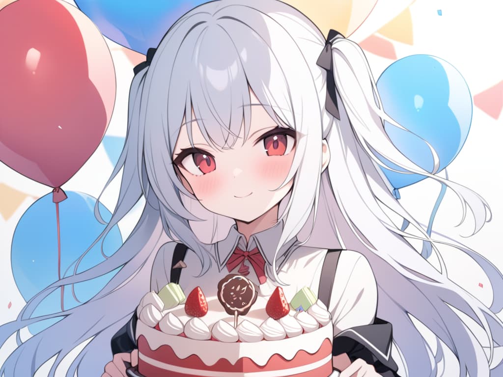  1 Girl, solo, white hair, dark pink, gradation, twosideup, long hair, smile, birthday, cute, cute, pink, balloons, celebration, red eyes, sauce eyes, masterpiece, best quality,8k,ultra detailed,high resolution,an extremely delicate and beautiful,hyper detail