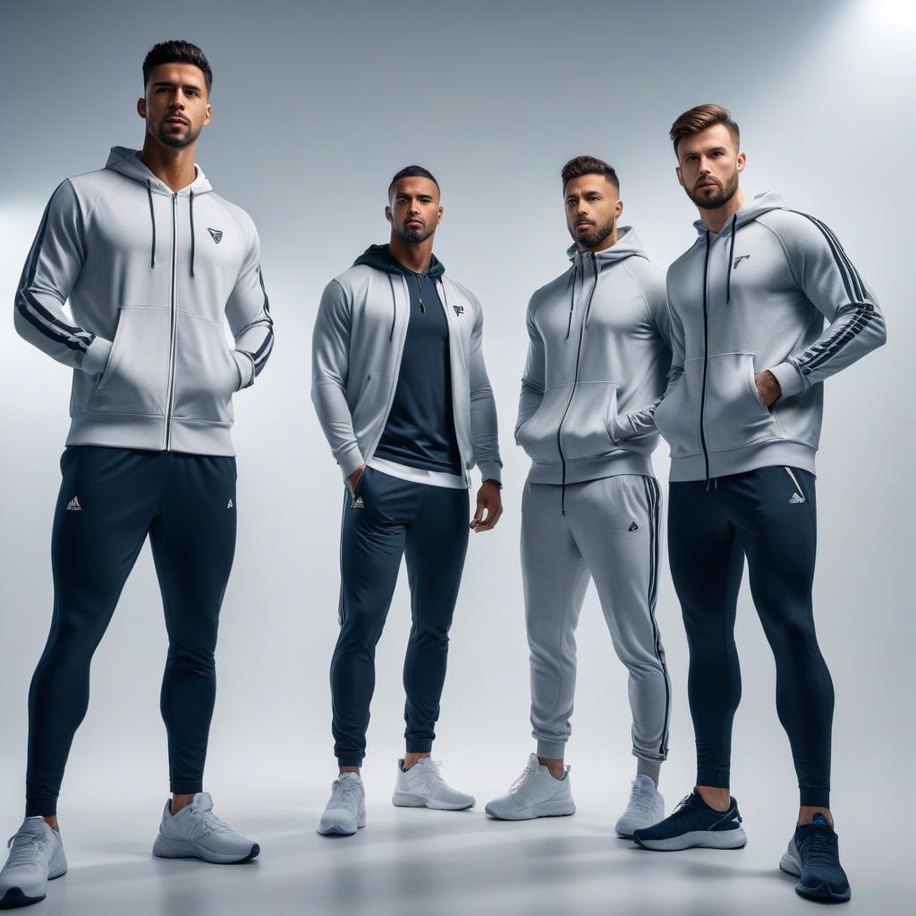  Photo session, three young and slim men, looking forward, against a white background, wearing sportswear. hyperrealistic, full body, detailed clothing, highly detailed, cinematic lighting, stunningly beautiful, intricate, sharp focus, f/1. 8, 85mm, (centered image composition), (professionally color graded), ((bright soft diffused light)), volumetric fog, trending on instagram, trending on tumblr, HDR 4K, 8K