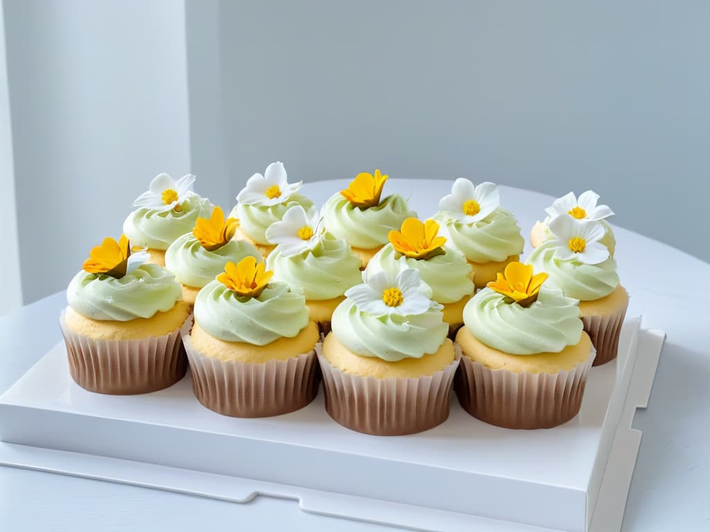  A minimalist image showing a pristine white kitchen counter with an array of beautifully decorated cupcakes in pastel colors, topped with intricate frosting designs and delicate edible flowers. The soft natural light filtering in through a nearby window highlights the exquisite details of the cupcakes, creating a serene and elegant culinary scene. hyperrealistic, full body, detailed clothing, highly detailed, cinematic lighting, stunningly beautiful, intricate, sharp focus, f/1. 8, 85mm, (centered image composition), (professionally color graded), ((bright soft diffused light)), volumetric fog, trending on instagram, trending on tumblr, HDR 4K, 8K