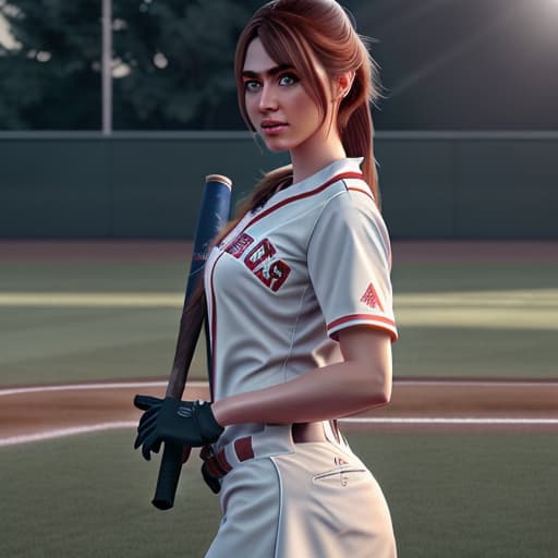  school girl with hair in a ponytail holding a baseball bat on the field with baseball club uniform High Resolution, Cinematic , Soft Sunrise Shades, Sunrise Splendors hyperrealistic, full body, detailed clothing, highly detailed, cinematic lighting, stunningly beautiful, intricate, sharp focus, f/1. 8, 85mm, (centered image composition), (professionally color graded), ((bright soft diffused light)), volumetric fog, trending on instagram, trending on tumblr, HDR 4K, 8K