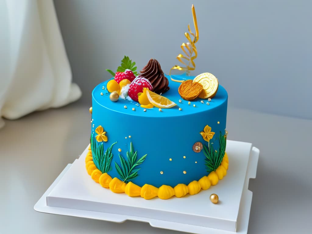  A closeup, ultradetailed image of a 3D digital rendering of a beautifully decorated, intricate cake created using augmented reality technology. The cake features vibrant colors, delicate fondant decorations, and realistic textures that make it appear almost lifelike. Each detail, from the intricate piping work to the shimmering edible gold accents, is meticulously crafted, showcasing the potential of learning pastry skills through augmented reality in a visually stunning and engaging way. hyperrealistic, full body, detailed clothing, highly detailed, cinematic lighting, stunningly beautiful, intricate, sharp focus, f/1. 8, 85mm, (centered image composition), (professionally color graded), ((bright soft diffused light)), volumetric fog, trending on instagram, trending on tumblr, HDR 4K, 8K