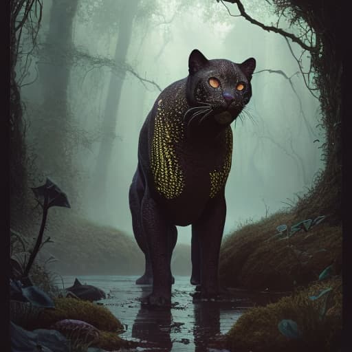  best quality professional photograph. swamp, underground cave panther in the moss, stained glass, high detailed, in the style elegant, highly detailed digital painting, a real landscape, bloomcore, steamcore, hyperdetailed, vanishing point, digital painting, led, fantasy art, album cover art, 8k, octane render, sf, intricate artwork masterpiece, ominous, matte painting movie poster, golden ratio, trending on cgsociety, intricate, epic, trending on artstation, highly detailed, vibrant, production cinematic character render, ultra high quality model