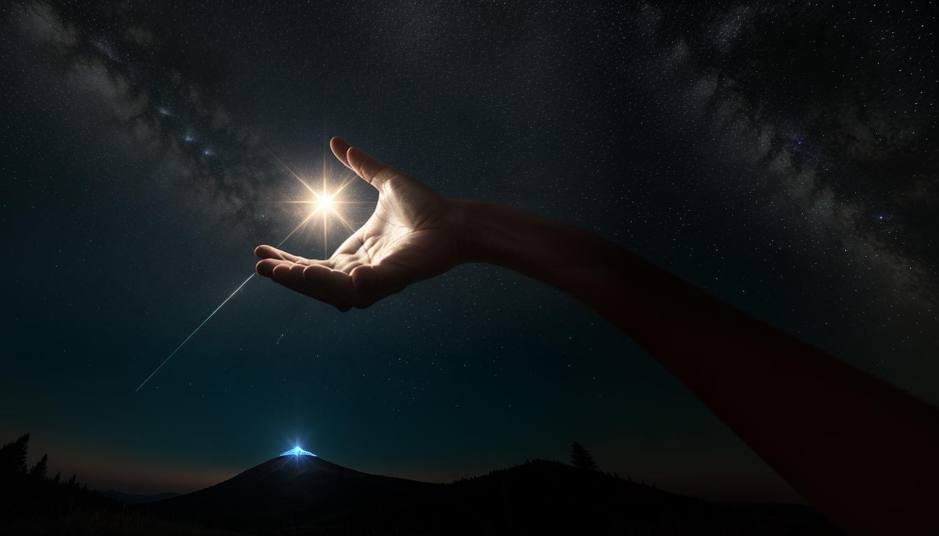  cinematic, aesthetic, Hands gently offering a shining star, symbolizing giving freely of time and energy, outstretched hands, glowing star, luminous offering, generous light, hopeful, 4k, HDR, lens flare