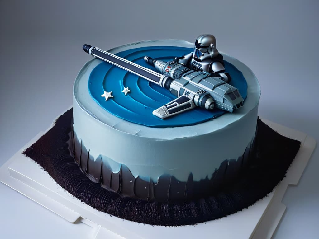  An ultradetailed, minimalistic image of a sleek, silver lightsabershaped cake cutter slicing through a decadent, galaxythemed cake adorned with edible starships, droids, and lightsaber details. The cake sits on a reflective black surface, with a soft glow illuminating the intricate design, showcasing a masterful blend of pastry artistry and Star Wars inspiration. hyperrealistic, full body, detailed clothing, highly detailed, cinematic lighting, stunningly beautiful, intricate, sharp focus, f/1. 8, 85mm, (centered image composition), (professionally color graded), ((bright soft diffused light)), volumetric fog, trending on instagram, trending on tumblr, HDR 4K, 8K