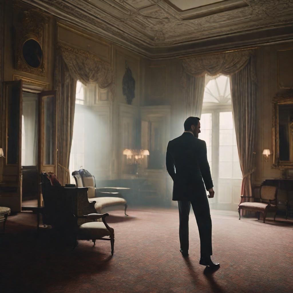  A 1930s man, back to camera, running through the halls of a manor stressed. hyperrealistic, full body, detailed clothing, highly detailed, cinematic lighting, stunningly beautiful, intricate, sharp focus, f/1. 8, 85mm, (centered image composition), (professionally color graded), ((bright soft diffused light)), volumetric fog, trending on instagram, trending on tumblr, HDR 4K, 8K