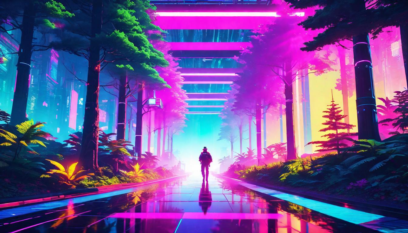  vaporwave,cyberpunk game style A vibrant sunbeam breaking through a canopy of trees, illuminating a shadowy path, highlighting the dual nature of strength, Dual nature, illuminated path, strength in light and shadoweon, dystopian, futuristic, digital, vibrant, detailed, high contrast, reminiscent of cyberpunk genre video games,retro aesthetic, cyberpunk, vibrant, neon colors, vintage 80s and 90s style, highly detailed