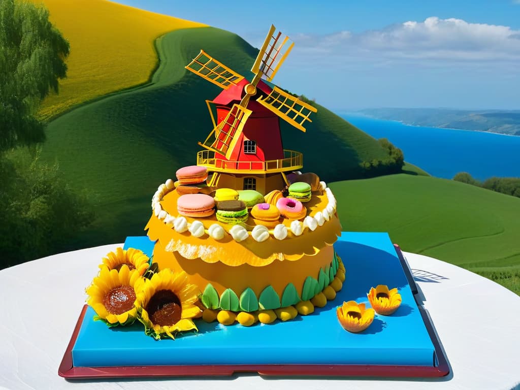  An intricately designed Spanish windmill made entirely of delicate pastries, including flaky croissants, sugary churros, and colorful macarons, set against a backdrop of rolling green hills dotted with vibrant sunflowers under a clear blue sky. hyperrealistic, full body, detailed clothing, highly detailed, cinematic lighting, stunningly beautiful, intricate, sharp focus, f/1. 8, 85mm, (centered image composition), (professionally color graded), ((bright soft diffused light)), volumetric fog, trending on instagram, trending on tumblr, HDR 4K, 8K