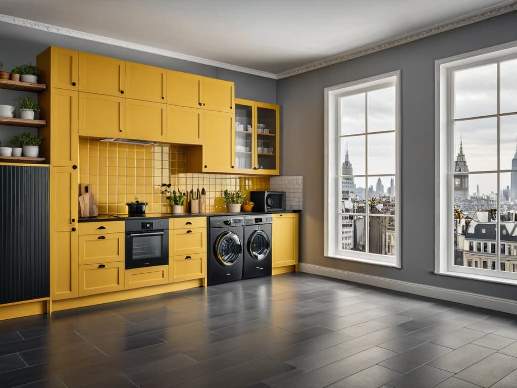   A modern kitchen with mustard yellow cabinets, black countertops, and gray floor tiles. Includes a washing machine, gas stove, white subway tile backsplash, wooden shelves, and plentiful natural light from the black framed window hyperrealistic, full body, detailed clothing, highly detailed, cinematic lighting, stunningly beautiful, intricate, sharp focus, f/1. 8, 85mm, (centered image composition), (professionally color graded), ((bright soft diffused light)), volumetric fog, trending on instagram, trending on tumblr, HDR 4K, 8K