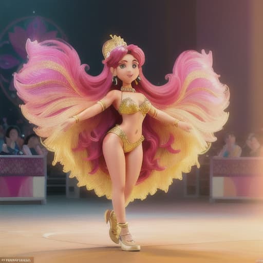  masterpiece, best quality, artistic photography of a beautiful female in pink and gold performing for the Rio Carnival, photorealistic, shot in UHD, colourful mosaics, joyful and optimistic, hourglass figure body, full body bold use of line, unreal engine rendering, hyperrealistic, ultra detailed, embroidery