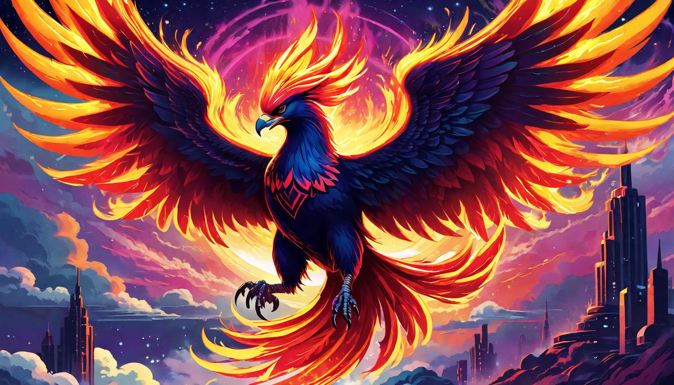  retro futuristic Phoenix rising from ashes, brilliant hues of fire cast against a twilight sky. Symbol of rebirth, personal transformation, resilience. Mood: Majestic, transformative, a new dawn. Phrases: 'Fiery rebirth, twilight resilience, ascent of authenticity.' lvintage sci fi, 50s and 60s style, atomic age, vibrant, highly detailed