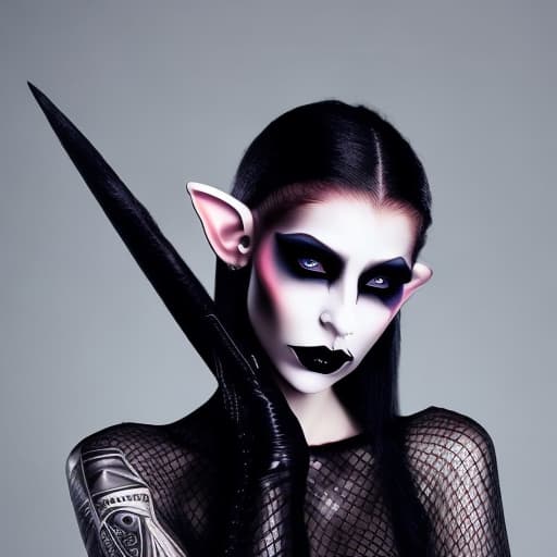 portrait+ style Female elf model wearing gothic style makeup with black elegant dress