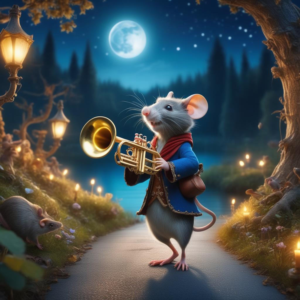  fairy tale (((man boy playing trumpet))) walking down the road playing the trumpet, a lot of rats in a string following the boy night moon lake, photo quality, 8K,lo . magical, fantastical, enchanting, storybook style, highly detailed