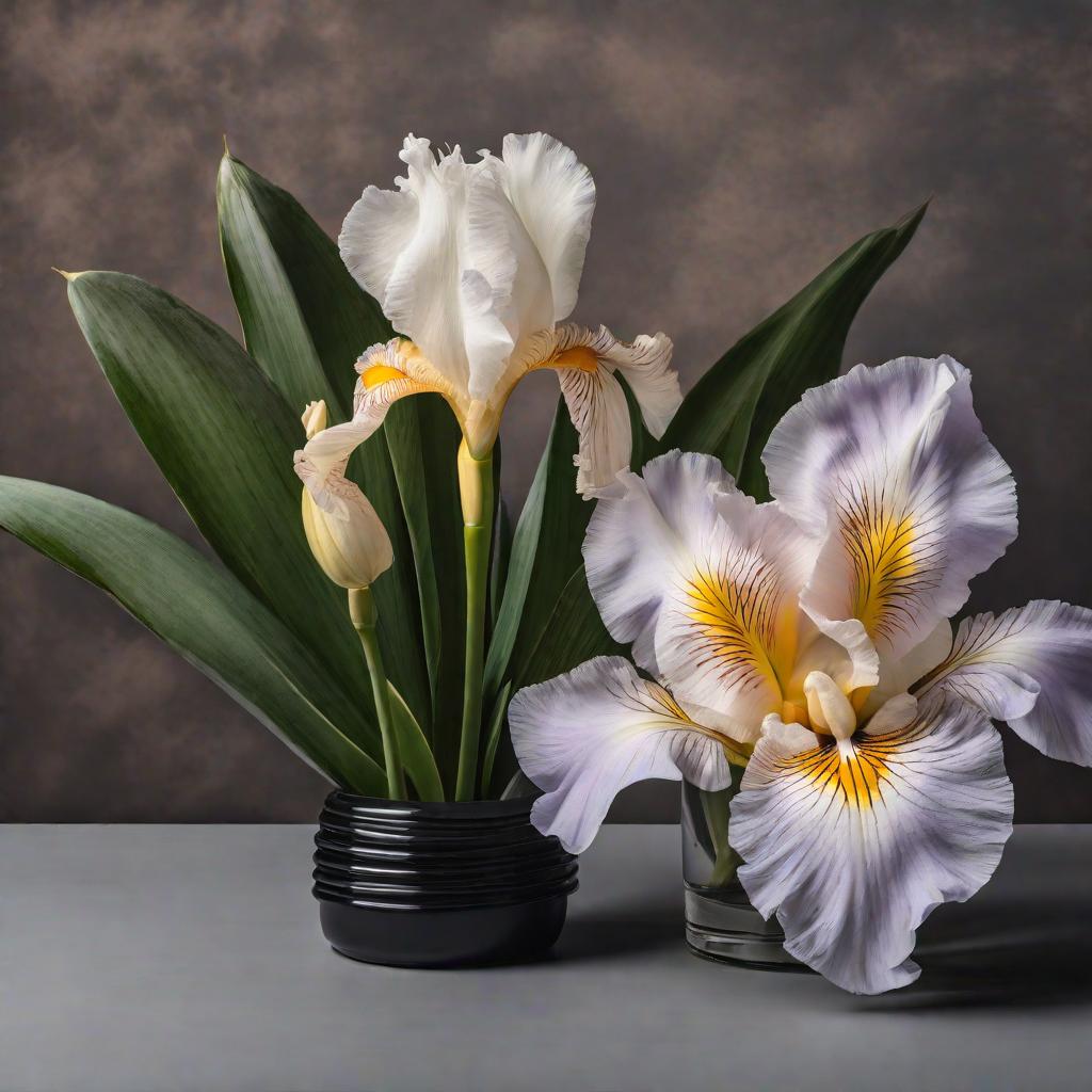  HIGH CLOSE UP. OLD BENCH. HUGE IRIS FLOWER IN A BOTTLE EMPTY BLACK BACKGROUND, realistic, portrait, art by donato giancola and greg rutkowski, realistic face, digital art, trending on artstation hyperrealistic, full body, detailed clothing, highly detailed, cinematic lighting, stunningly beautiful, intricate, sharp focus, f/1. 8, 85mm, (centered image composition), (professionally color graded), ((bright soft diffused light)), volumetric fog, trending on instagram, trending on tumblr, HDR 4K, 8K