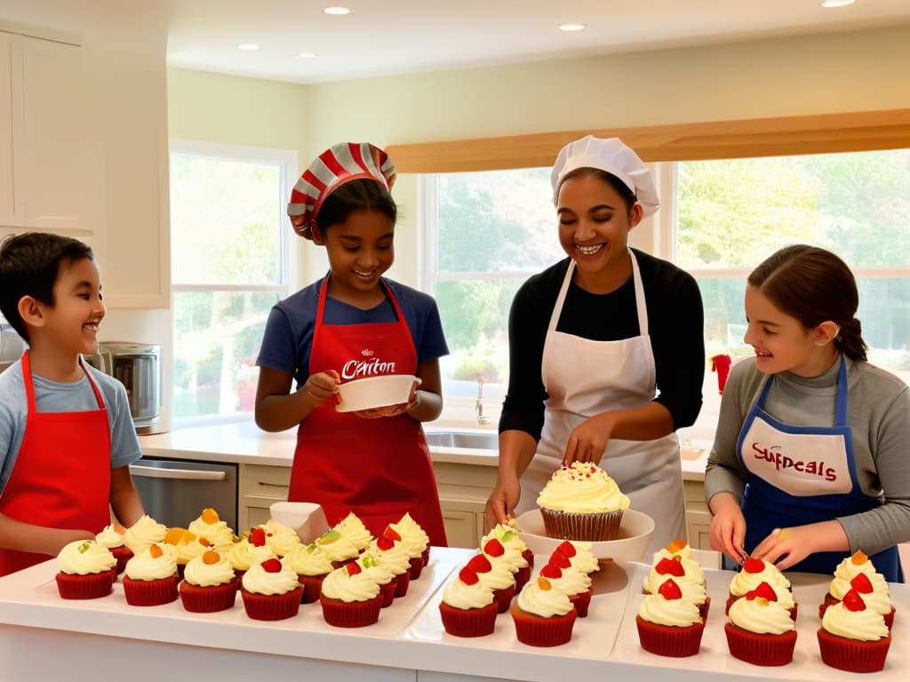  A group of children of diverse backgrounds and ages, wearing colorful aprons and chef hats, happily decorating cupcakes together in a bright, modern kitchen filled with baking supplies. The sunlight streams in through a large window, casting a warm glow over the scene. Each child is focused on their task, some carefully piping frosting onto their cupcakes, others sprinkling colorful decorations. The kitchen is organized and inviting, with a chalkboard displaying fun baking tips and a shelf full of cookbooks in the background. The atmosphere is lively and filled with joy, capturing the essence of learning and creativity in a fun and educational setting. hyperrealistic, full body, detailed clothing, highly detailed, cinematic lighting, stunningly beautiful, intricate, sharp focus, f/1. 8, 85mm, (centered image composition), (professionally color graded), ((bright soft diffused light)), volumetric fog, trending on instagram, trending on tumblr, HDR 4K, 8K