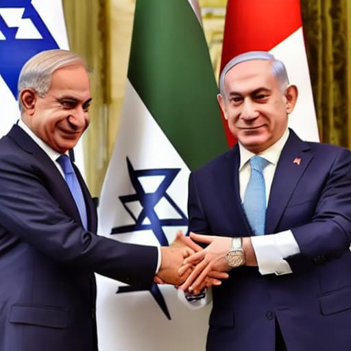  create a picture of Shahbaz sharif Pakistani PM with Israeli PM Benjamin netanyahu with both countries flags and both leader are shaking hands each other