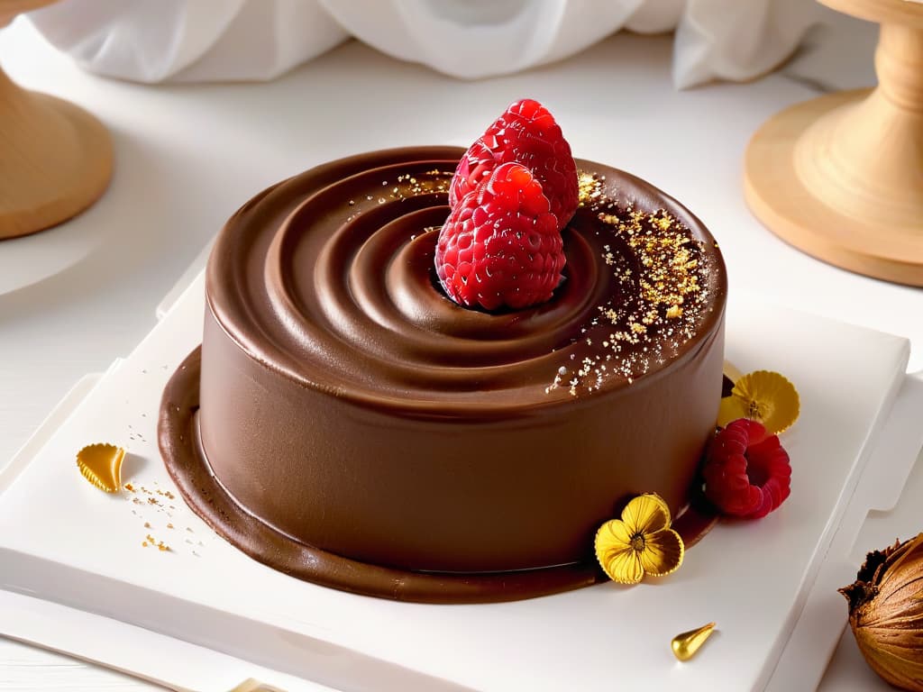  A closeup, ultradetailed image of a perfectly piped swirl of glossy chocolate mousse, topped with delicate gold flakes and a single fresh raspberry, set against a sleek white plate. The texture of the mousse is velvety smooth, with light reflecting off its surface, showcasing the intricate details and luxurious feel of modern pastry techniques. hyperrealistic, full body, detailed clothing, highly detailed, cinematic lighting, stunningly beautiful, intricate, sharp focus, f/1. 8, 85mm, (centered image composition), (professionally color graded), ((bright soft diffused light)), volumetric fog, trending on instagram, trending on tumblr, HDR 4K, 8K