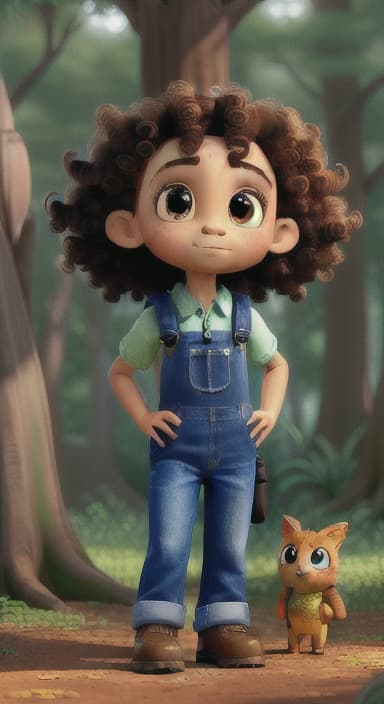  {The tree with a twinkling eye, while its leaves gently rustle., Riley, a curious with big brown eyes and curly hair, wearing overalls and carrying a small backpack. Their friend, Skye, a bluebird with shiny feathers.