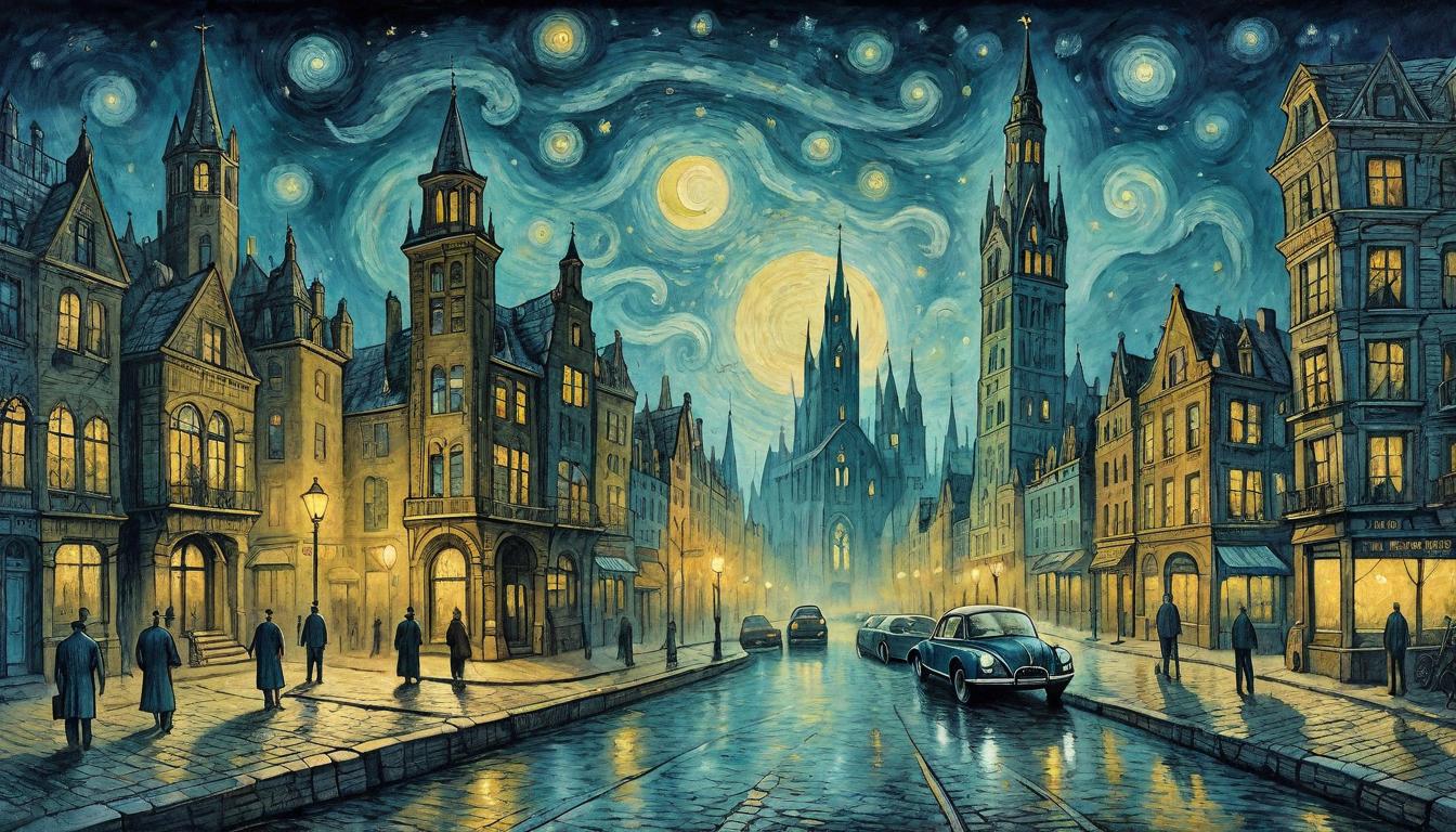  on parchment, surrealism+++, Ghosts of Van Gogh and Tesla walking through a spectral city, buildings etched with their inventions and artworks, cityscape alive with their legacy, spectral homage, twilight zone between rejection and reverence, echoes of genius.(mysterious, provocative, symbolic,muted color)+++